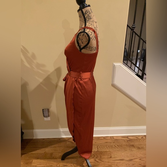 LYANER Satin V Neck Ruched Wrap Tie Waist Slit Hem Cocktail Midi Dress small - Picture 5 of 10